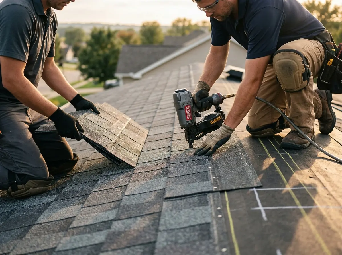 Professional roofer working on a residential roof in Christiana